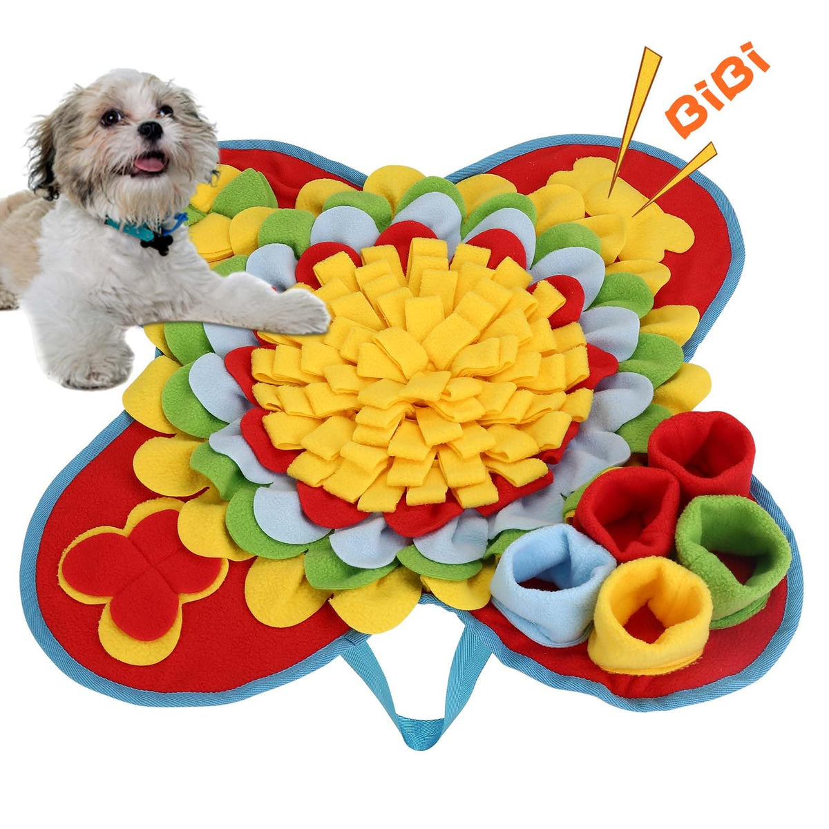 Yummy Sam Snuffle Mat shows small-dog-use for slow, engaging feeding.