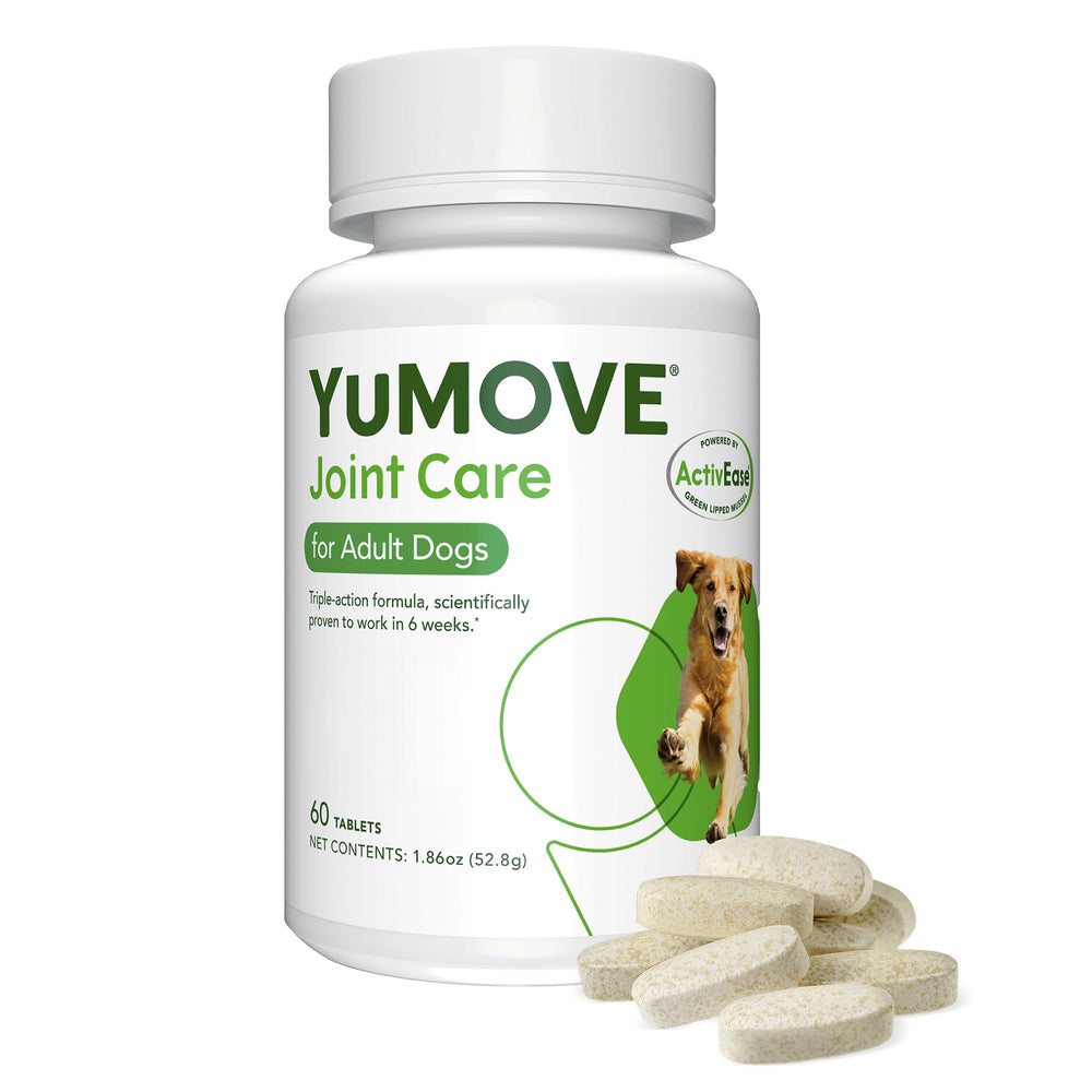 YuMOVE dog hip joint supplement bottle shows a palatable chew option for daily joint support.