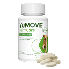YuMOVE dog hip joint supplement bottle shows a palatable chew option for daily joint support.