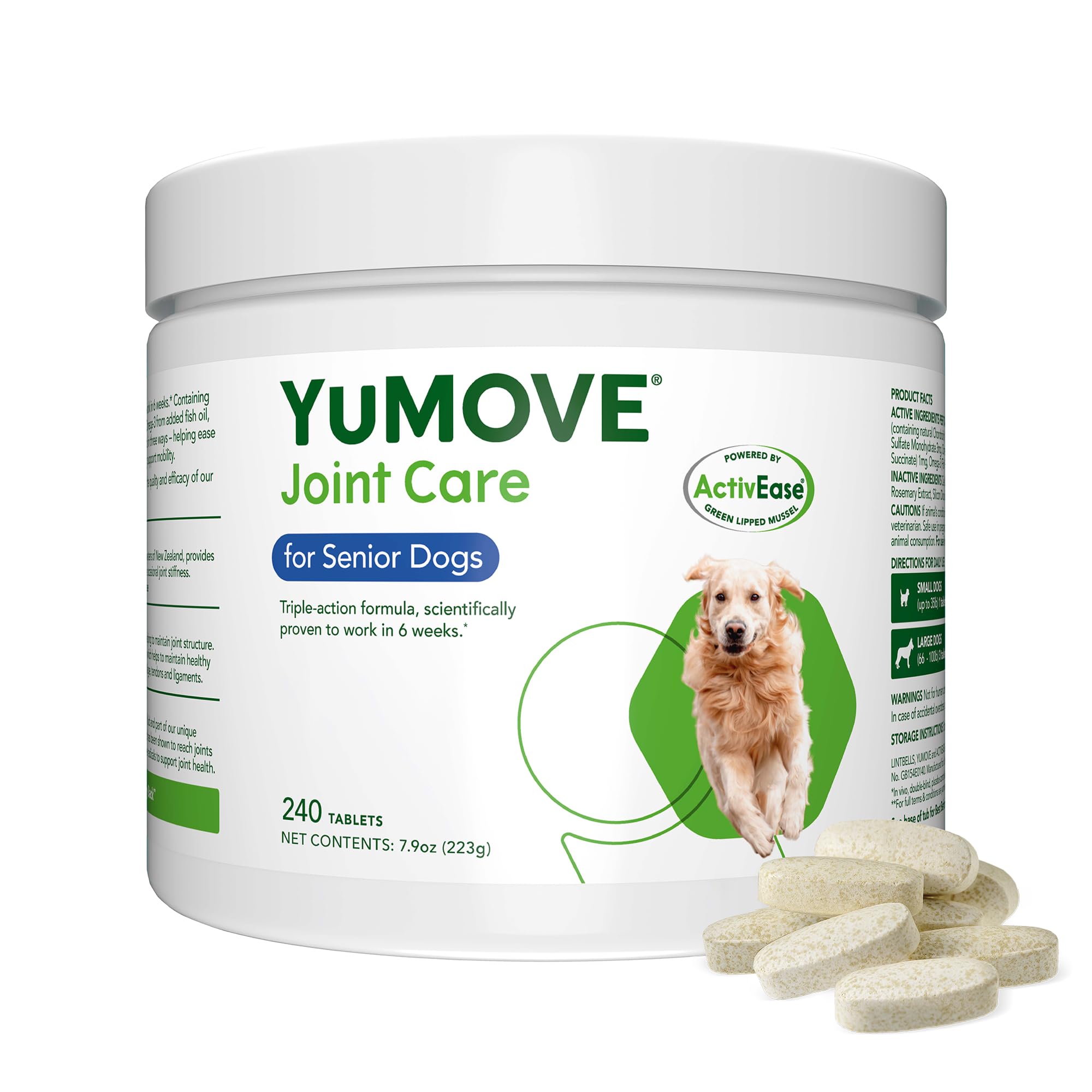 YuMOVE dog joint supplement bottle highlighting senior dog support and mobility benefits.