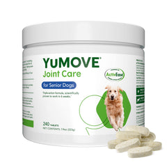 YuMOVE dog joint supplement bottle highlighting senior dog support and mobility benefits.