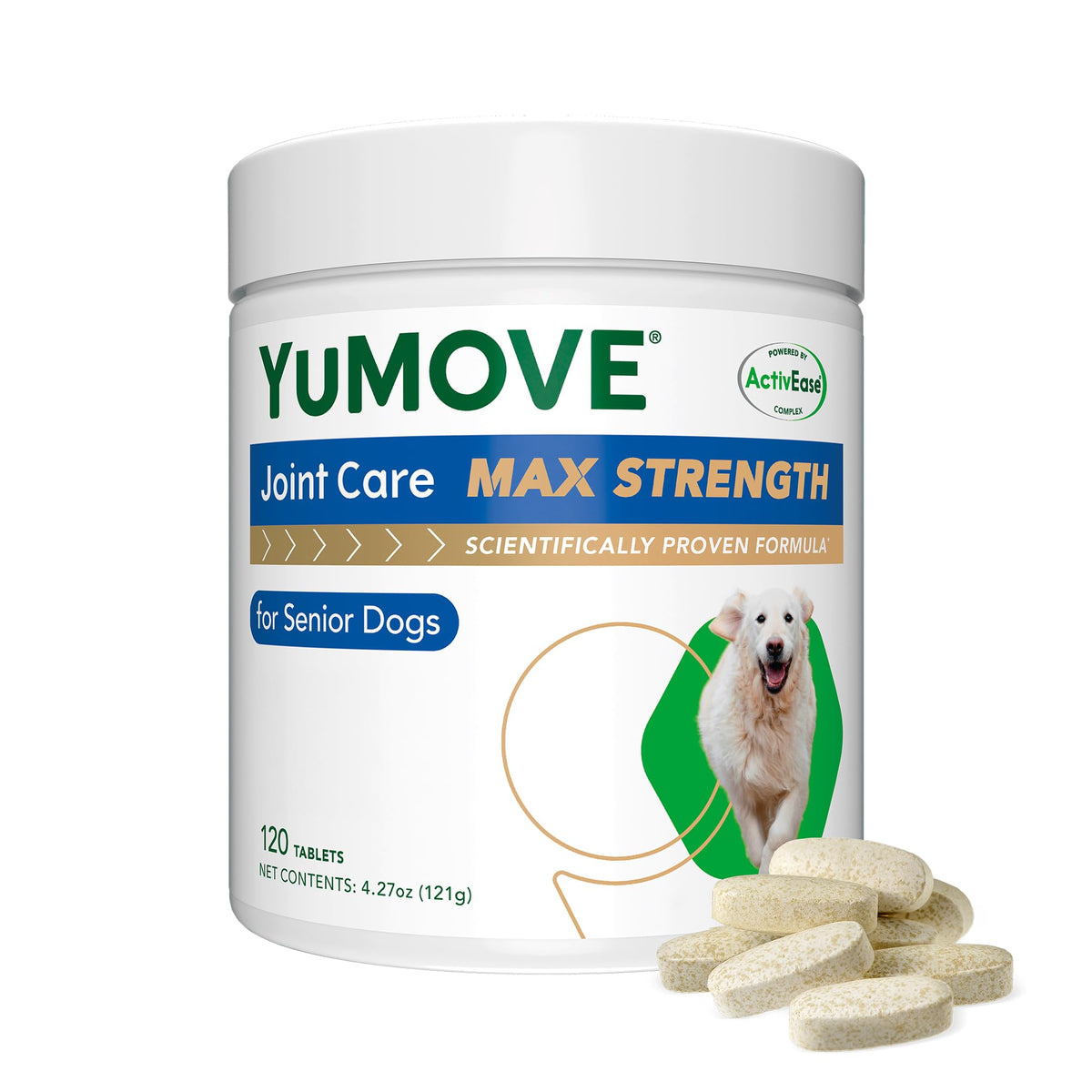 YuMOVE hip joint tablets beside a senior dog's bowl, supporting mobility and joint comfort.