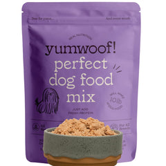 Yumwoof Perfect Dog Food Mix bag closeup highlights grain-free formulation for healthier meals.