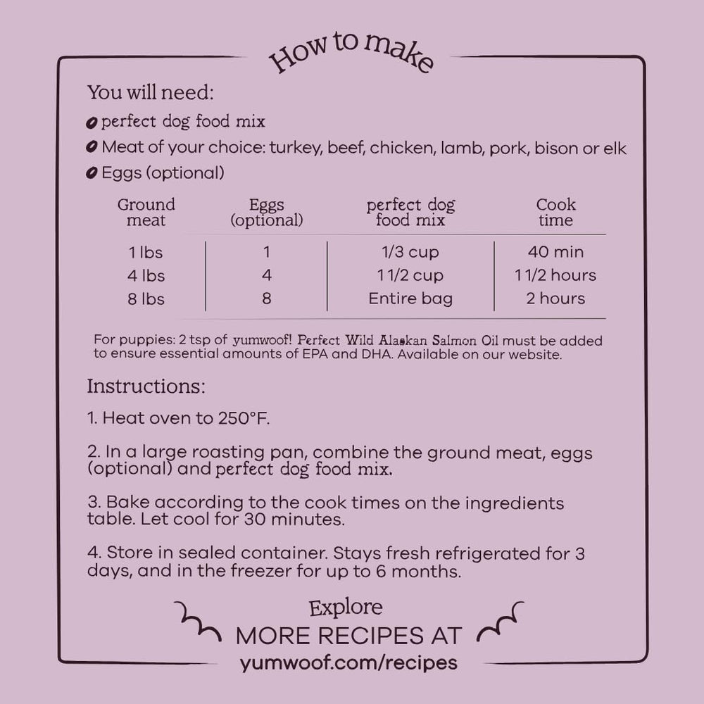 Yumwoof Perfect Dog Food Mix ingredients laid out show protein variety for balanced meals.