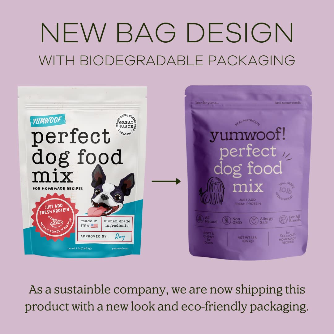Yumwoof Perfect Dog Food Mix package label highlights human-grade, non-GMO ingredients.