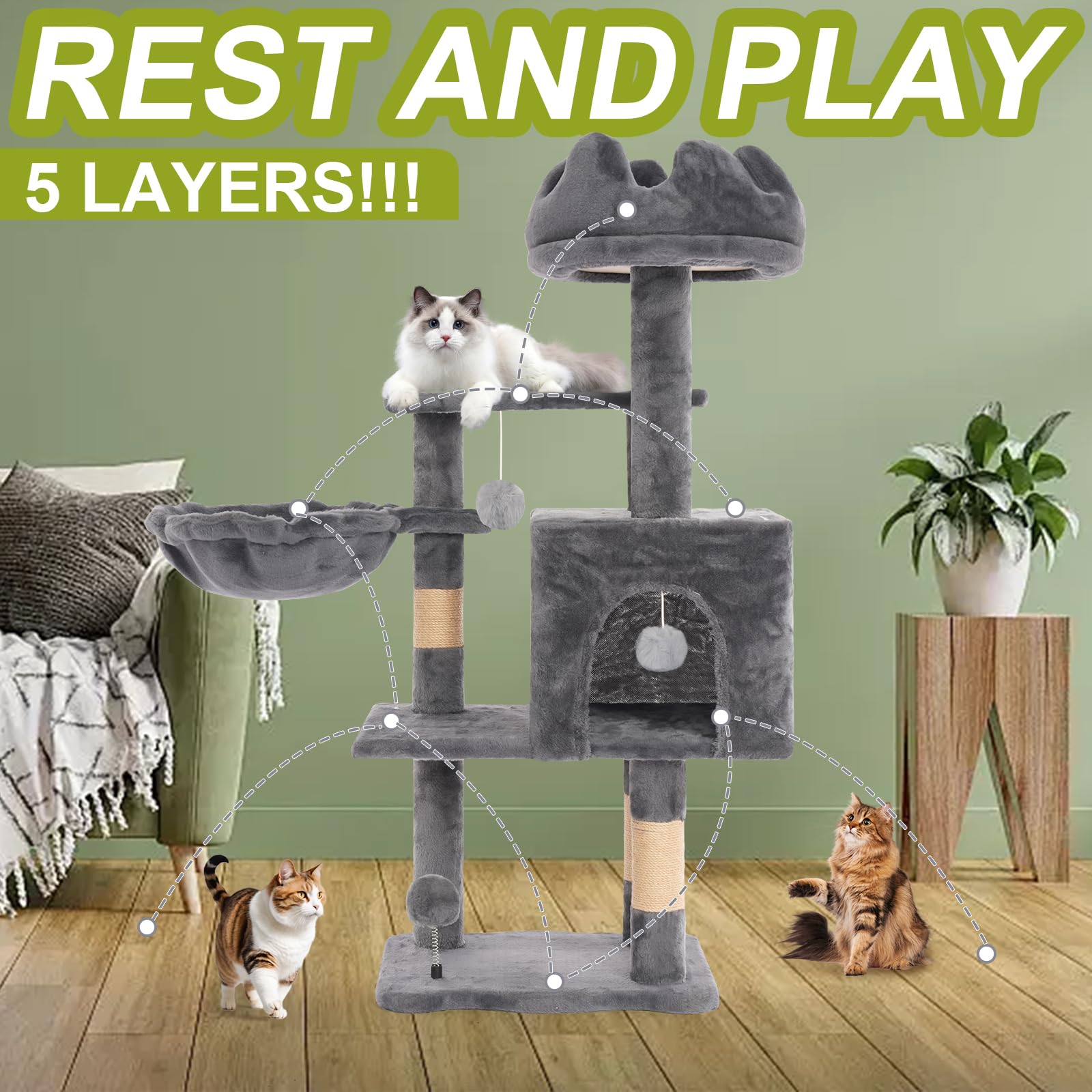 Yungaspy Cat Tree Hammock middle offers a cozy mid-height rest.