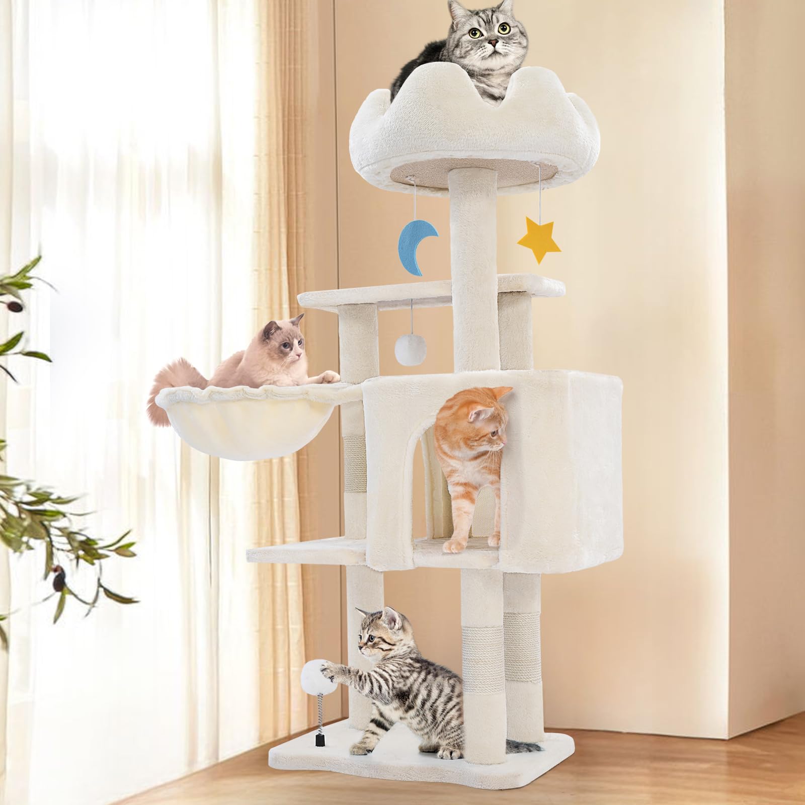 Yungaspy cat tree tower with easy-assembly kit simplifies setup in minutes.