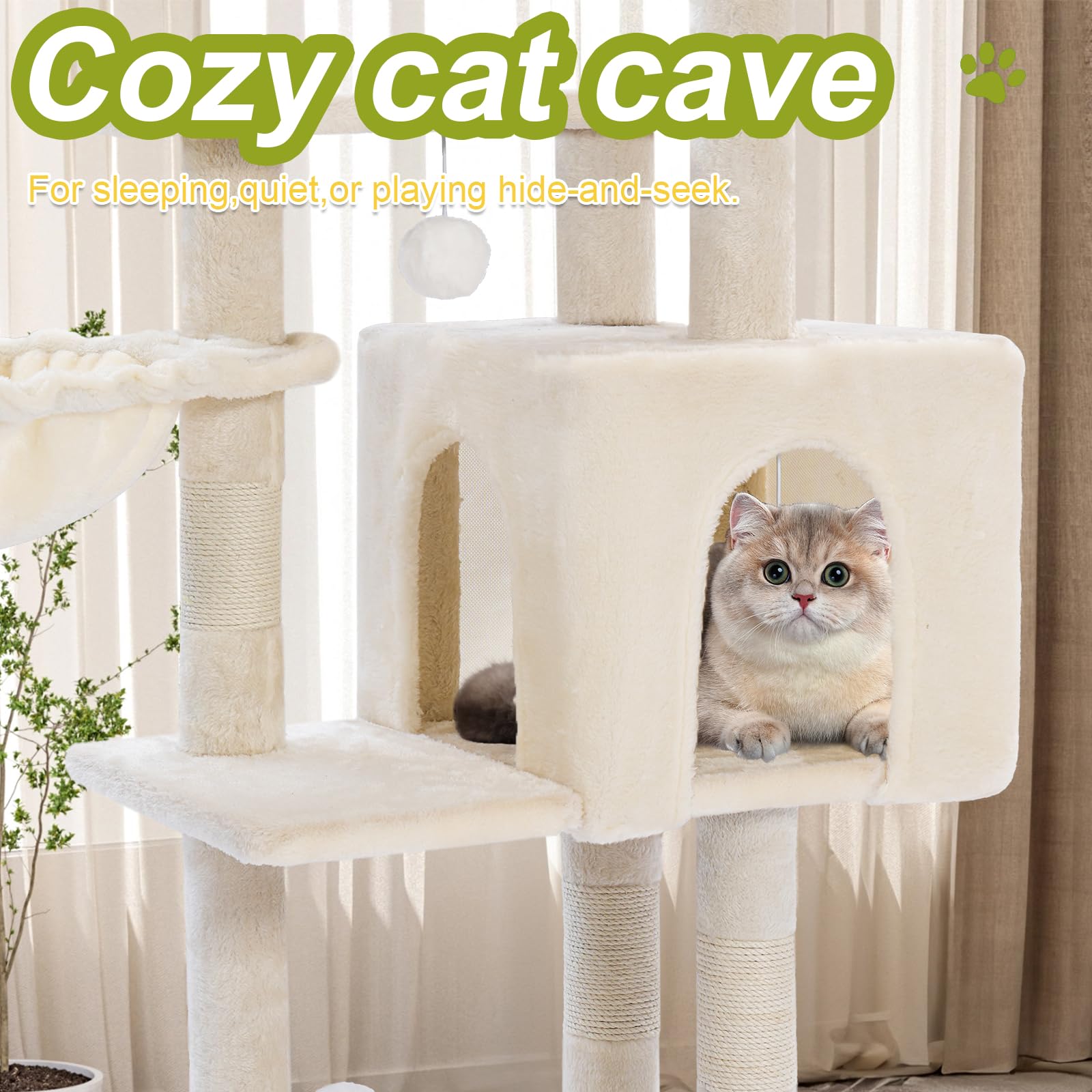 Yungaspy cat tree tower with extra-large base in white adds stability for jumping cats.