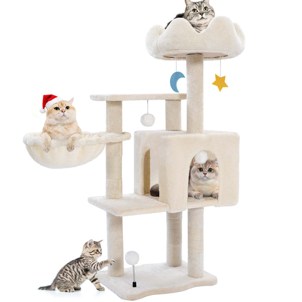 Yungaspy cat tree tower with metal frame hammock in white provides a sturdy resting spot for indoor cats.