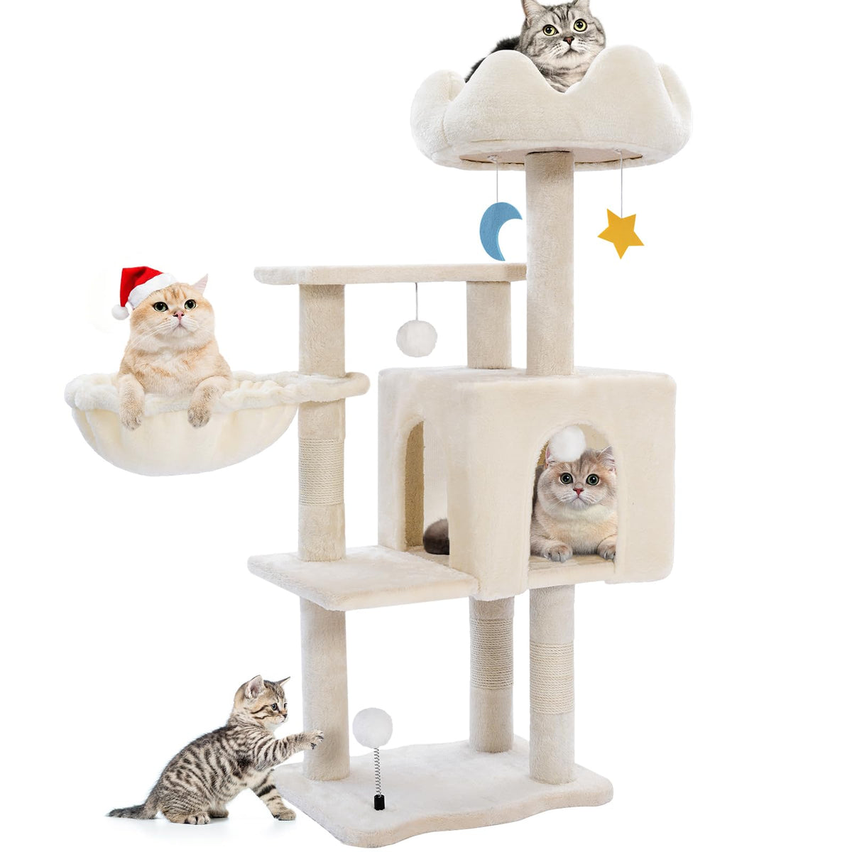 Yungaspy cat tree tower with metal frame hammock in white provides a sturdy resting spot for indoor cats.