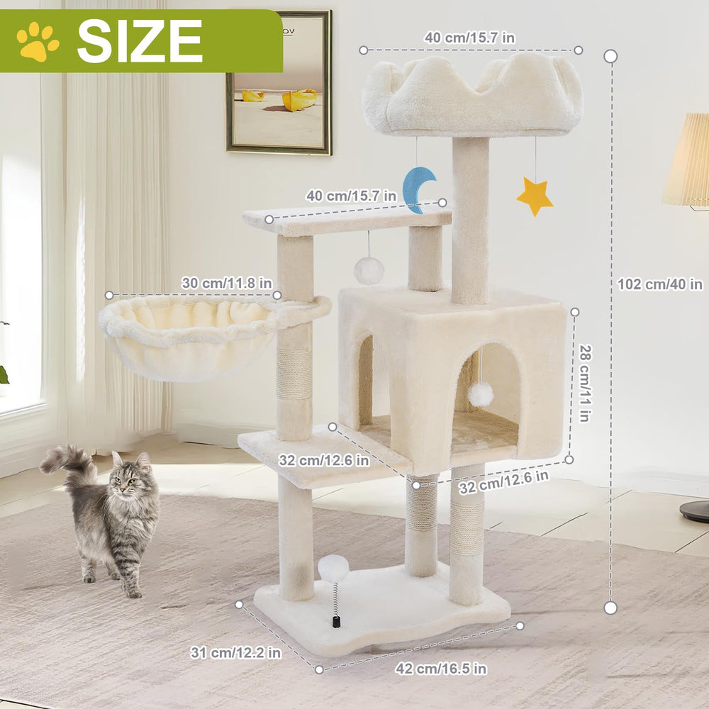 Yungaspy cat tree tower with plush fabric provides a comfy resting surface.