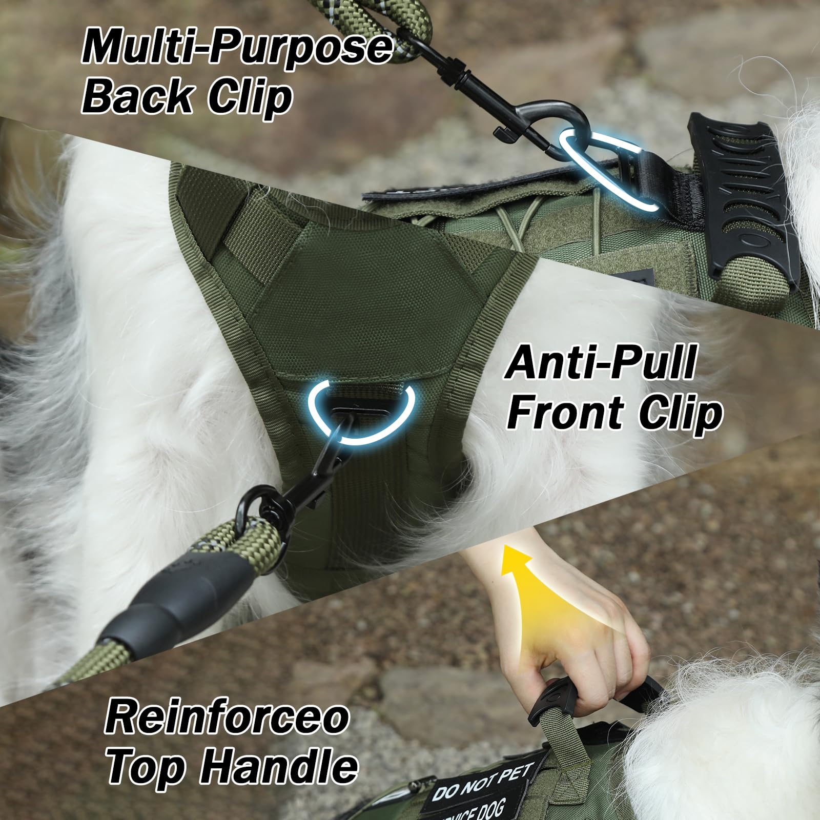 Yungaspy No Pull harness closeup, green, sturdy buckles for reliable fittings.