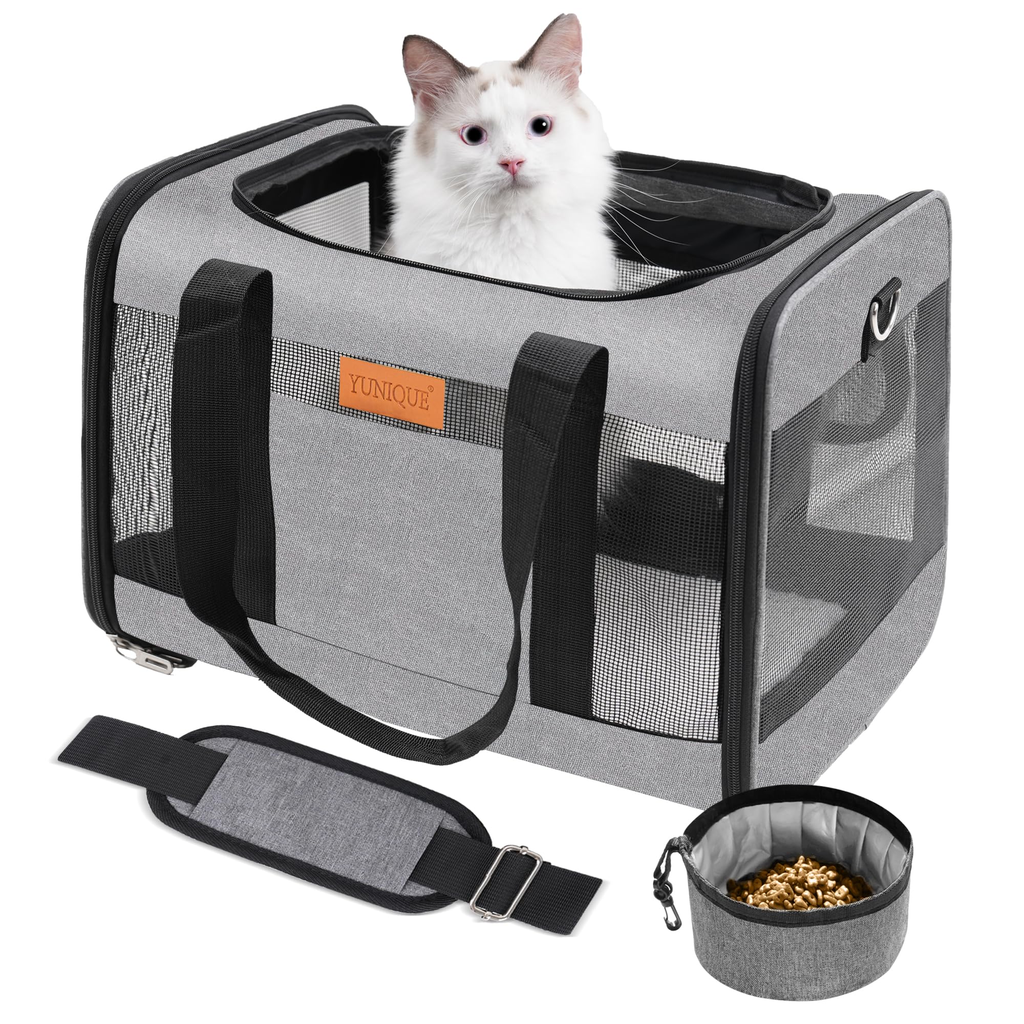 YUNIQUE soft-sided pet carrier grey exterior with roomy interior for small pets.