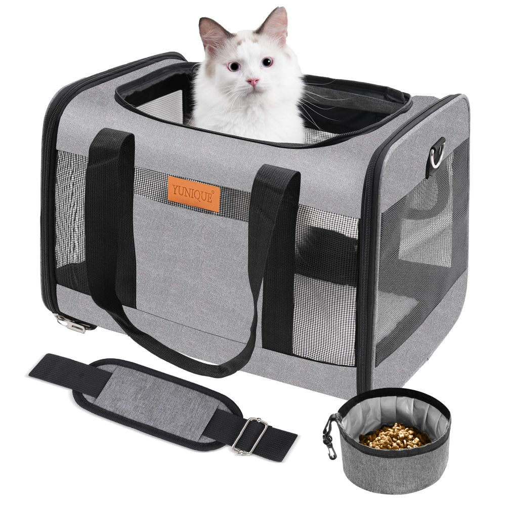 YUNIQUE soft-sided pet carrier grey exterior with roomy interior for small pets.
