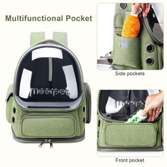 YUNLINLI cat backpack side pockets keep toys and snacks close at hand.