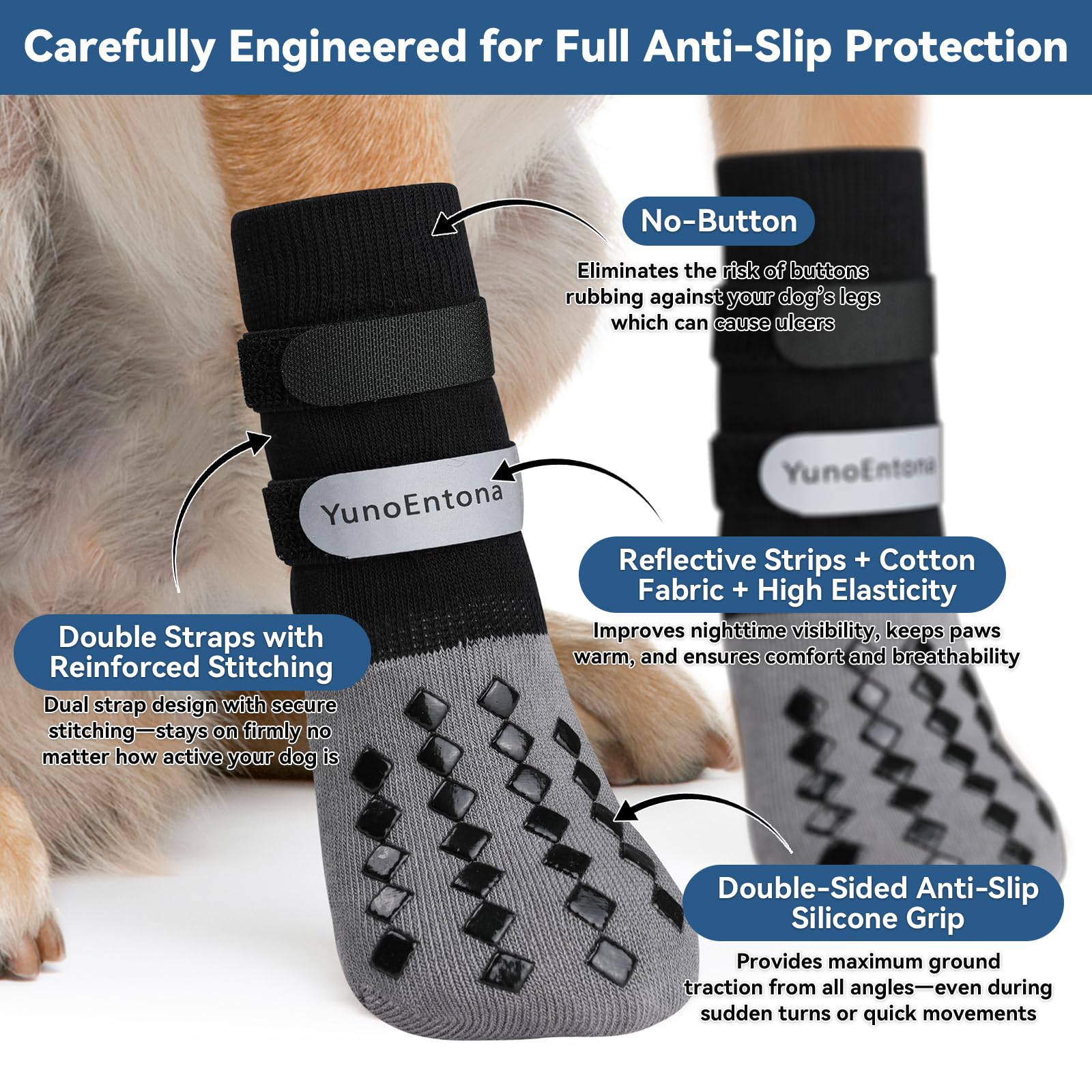 YunoEntona double-sided grip sock provides extra traction on floors.