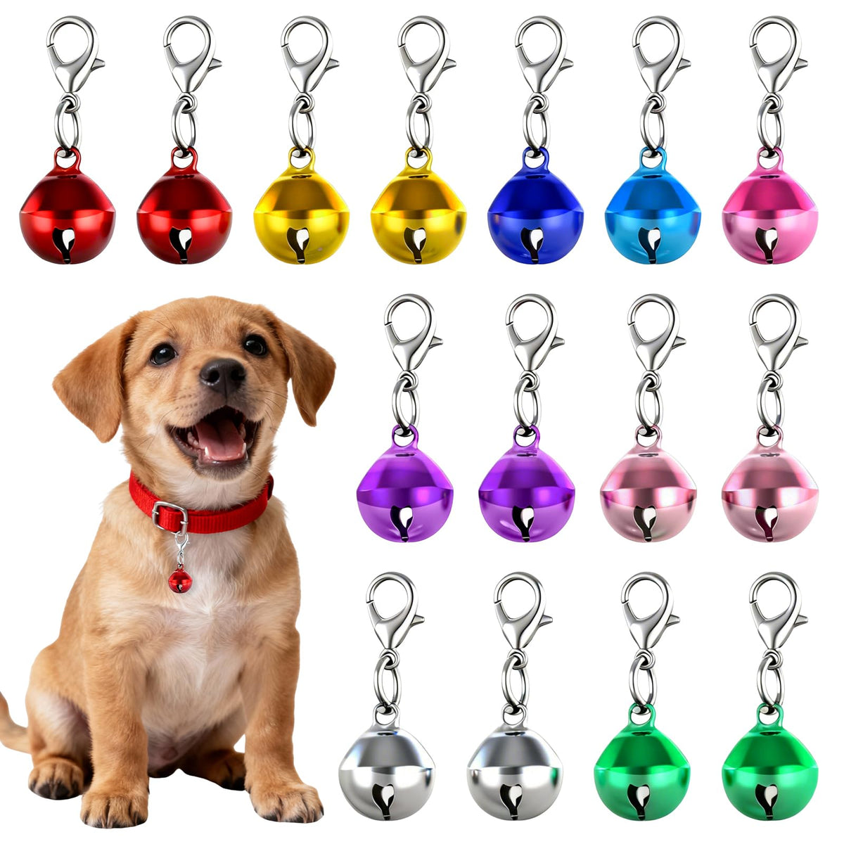 Yuomeaz 15pcs colorful bells pack for pet collars and crafts, bright visibility.