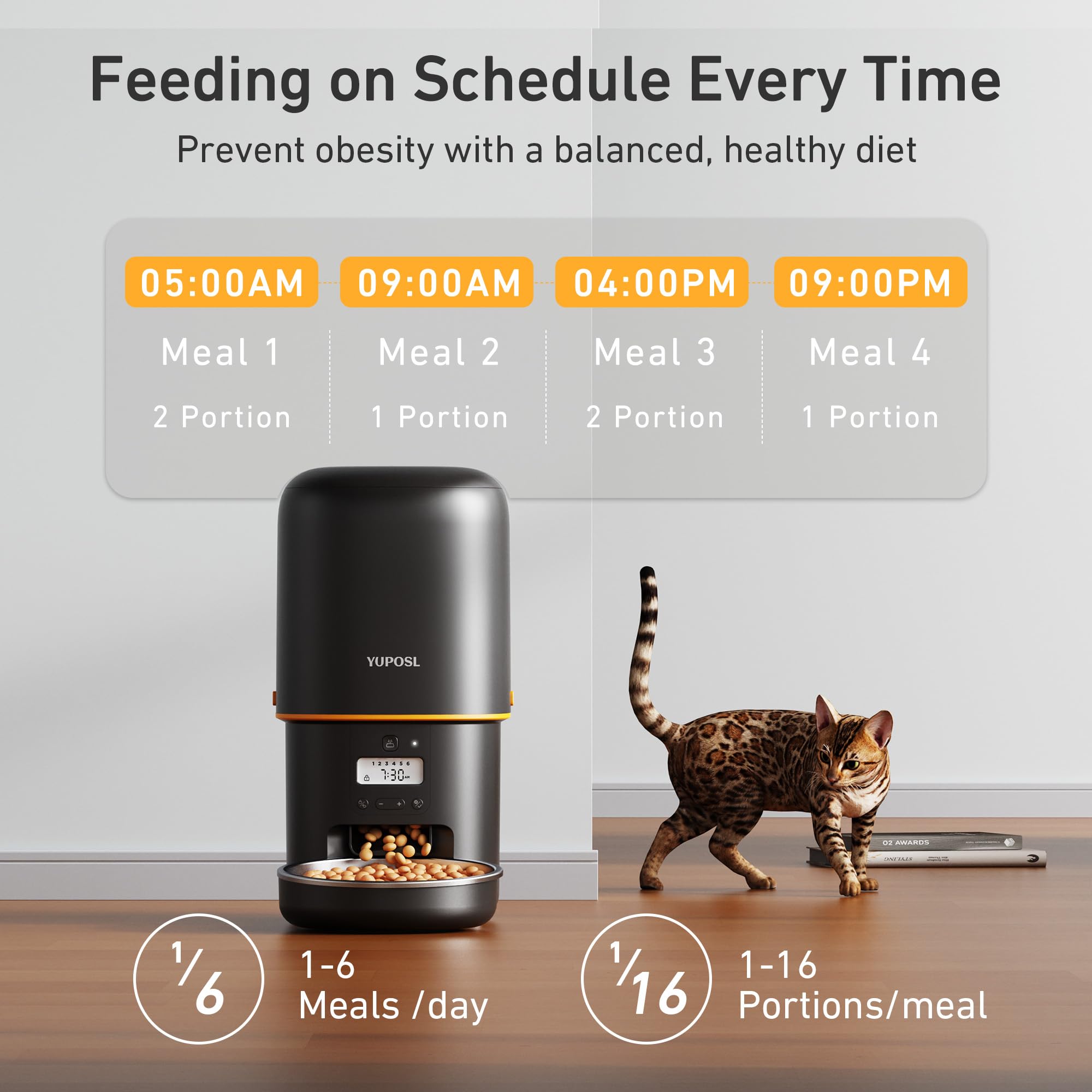 Yuposl automatic feeder dispensing-portion demonstrates adjustable portions for daily meals.