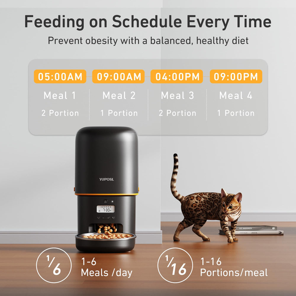 Yuposl automatic feeder dispensing-portion demonstrates adjustable portions for daily meals.