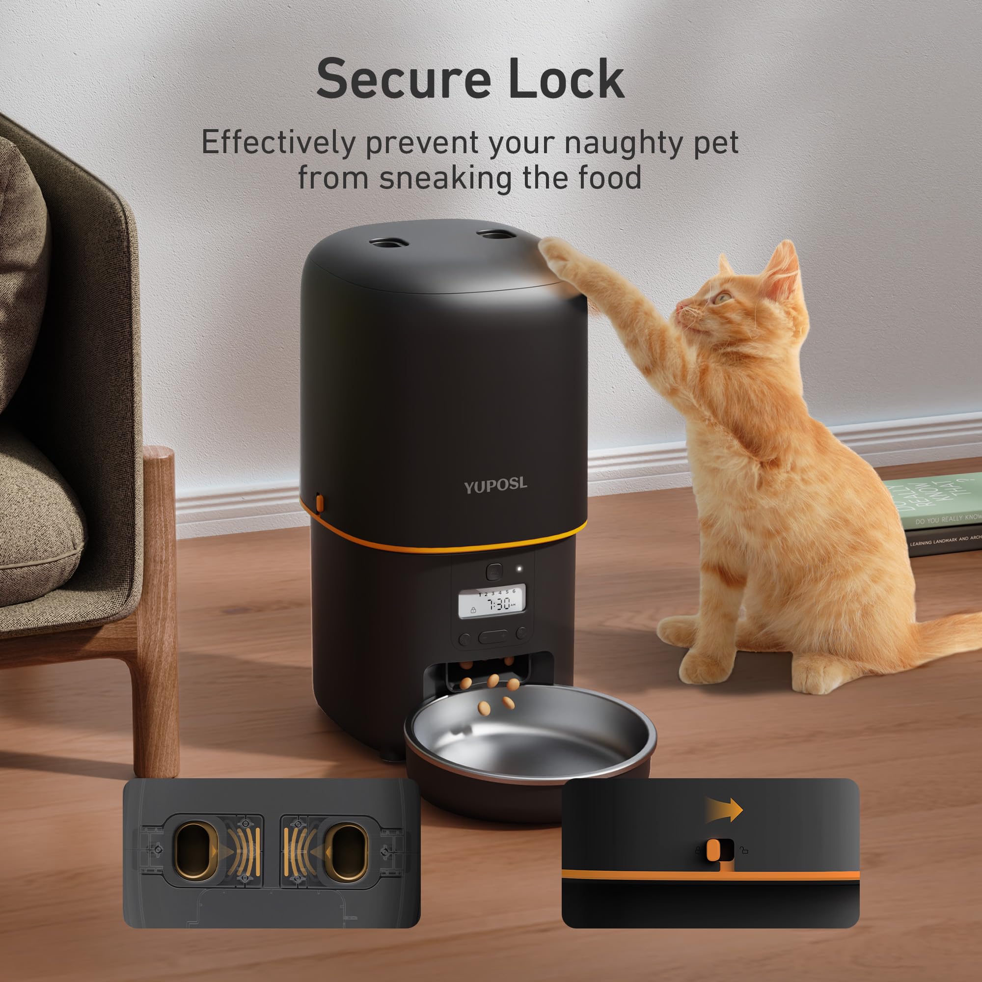 Yuposl locking-lid showcases anti-paw security between feedings.