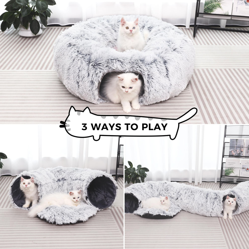 YUYAFN plush cat tunnel grey close-up shows soft plush fabric for warm naps