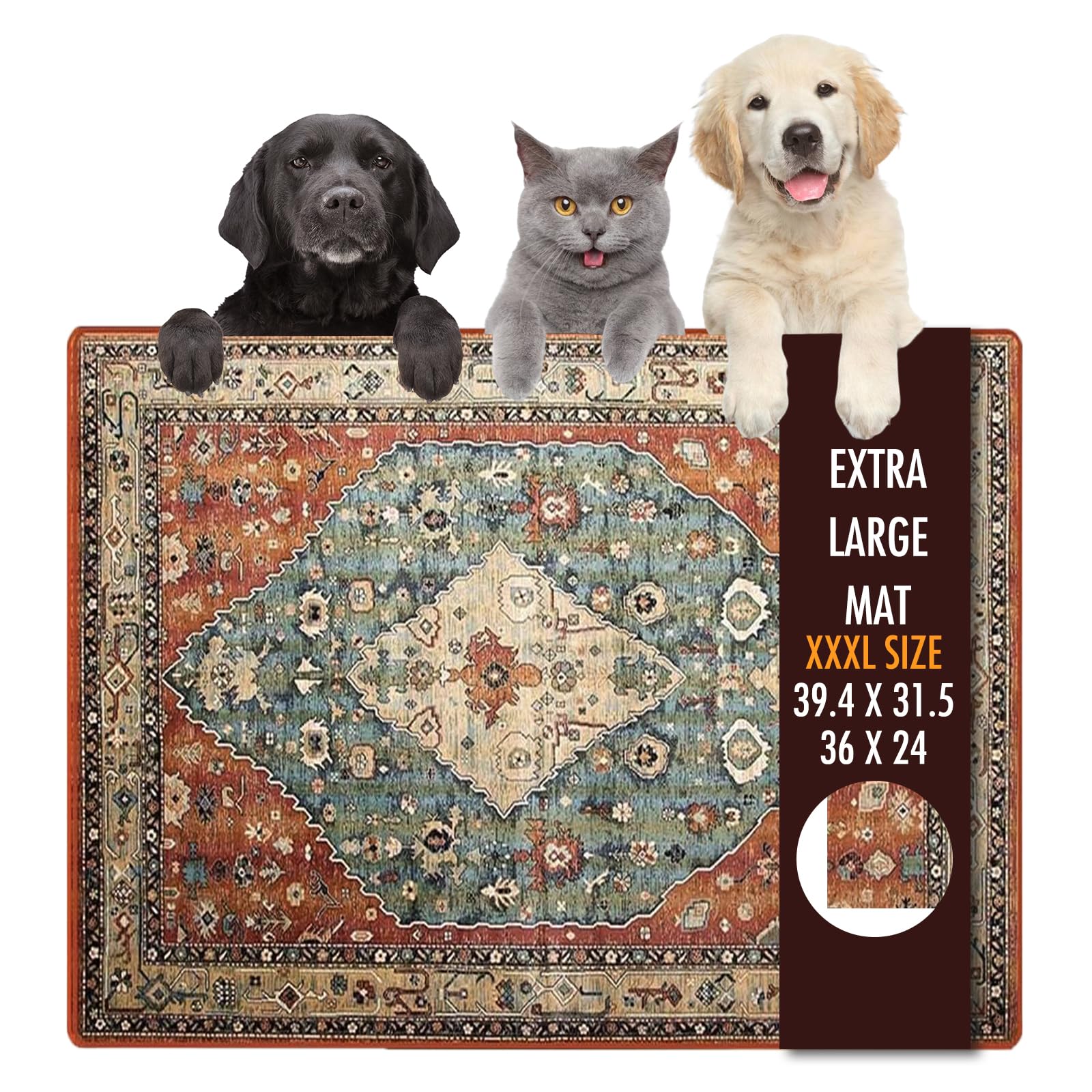 Yuzshin dog food mat 36x24 absorbs spills for cleaner floors.