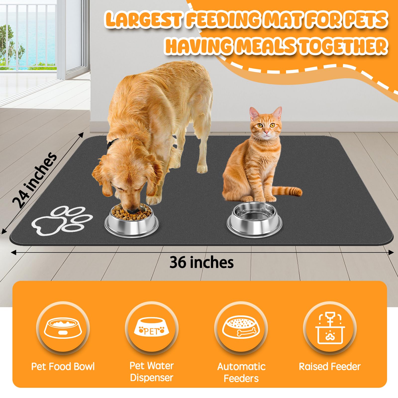 Yuzshin large 36x24 pet mat under multiple bowls and feeders
