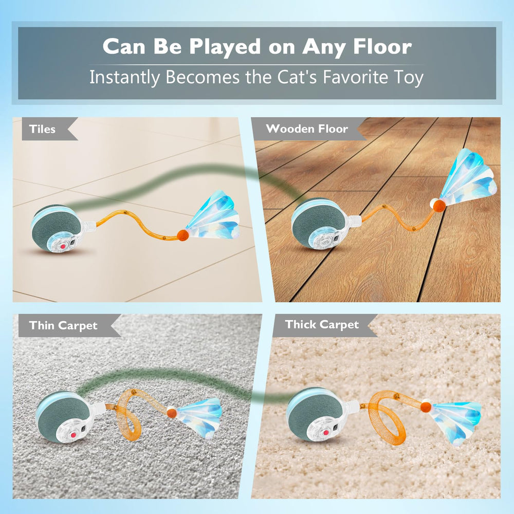 YVE LIFE cat ball on floor demonstrates multi-surface play on carpet.
