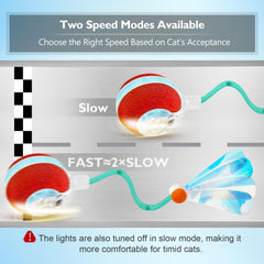 YVE LIFE cat toy lights in active mode showing cyan light and chirps