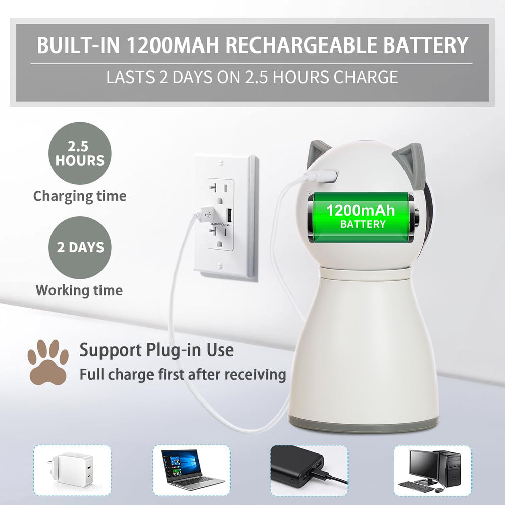 YVE LIFE laser toy includes a 1200mAh rechargeable battery for wireless use.