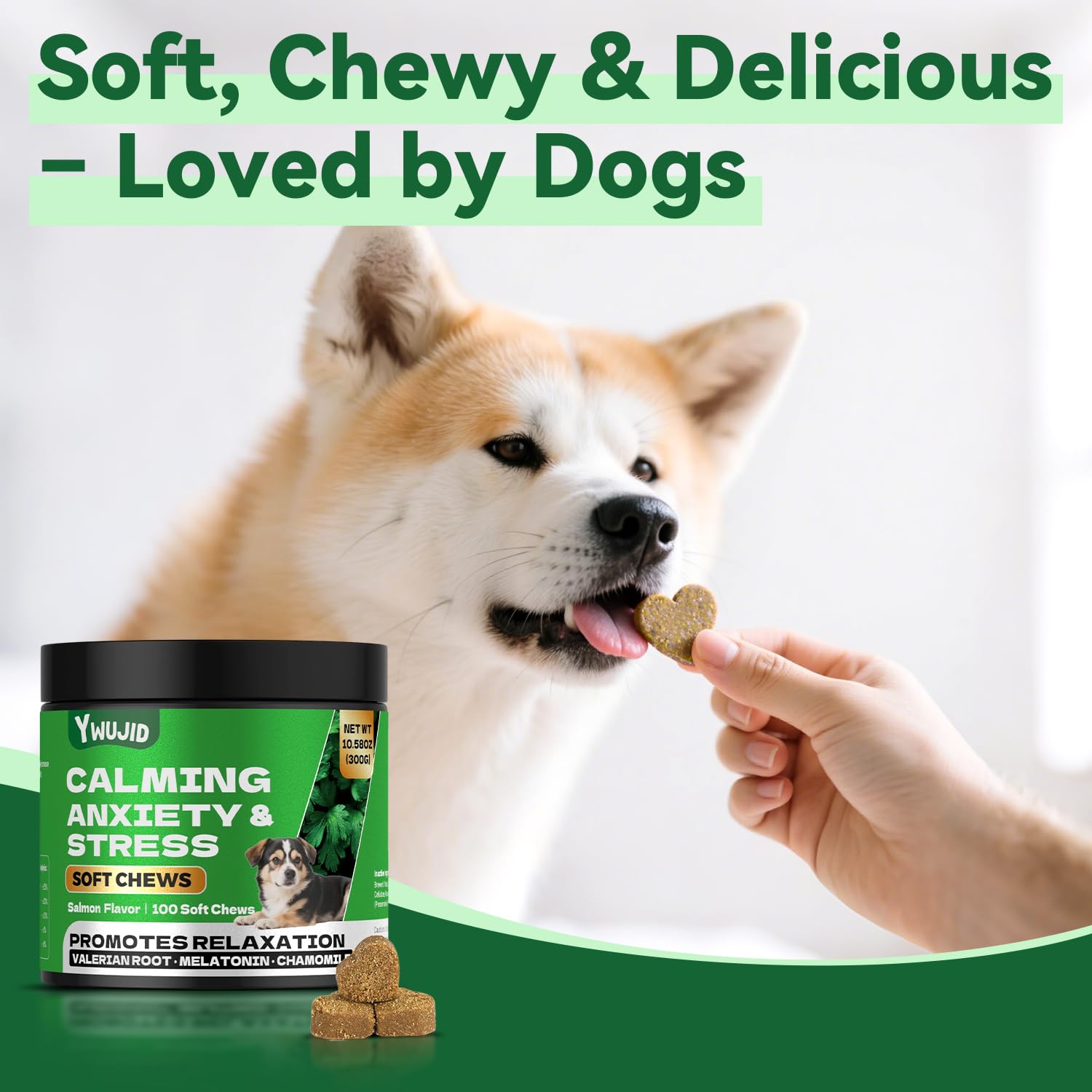 YWUJID Calming Chews relaxed dog face signaling stress relief during storms