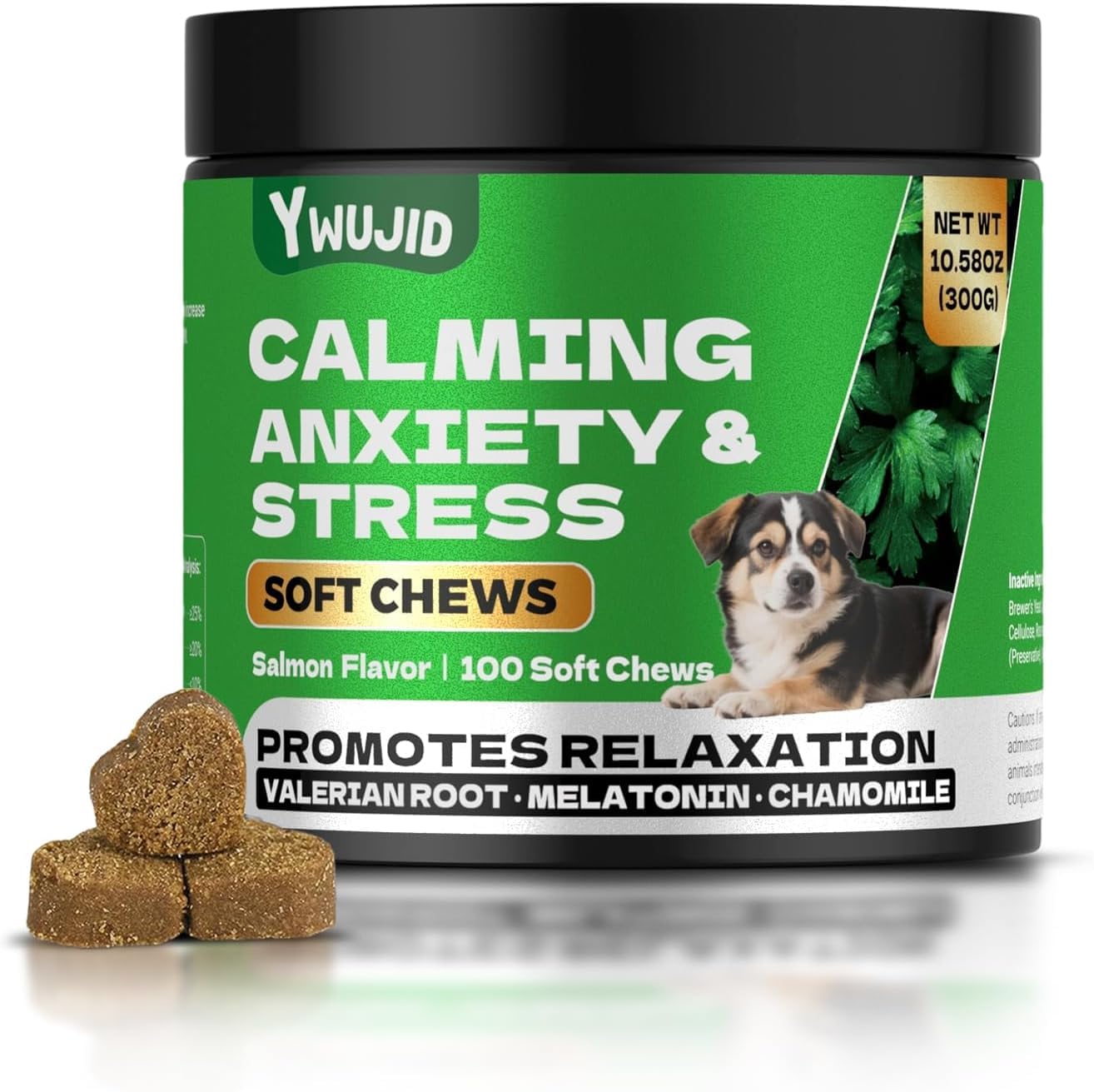 YWUJID Calming Chews vet-formulated label emphasizing safety and quality