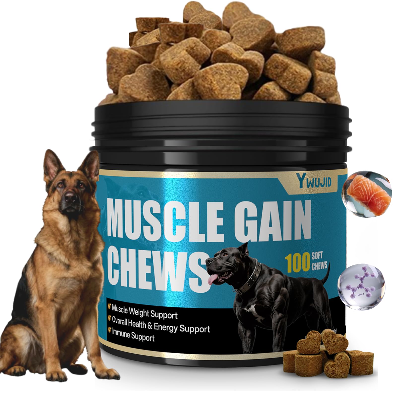 YWUJID dog muscle gain soft-chews bag highlighting high-protein formula for muscle support