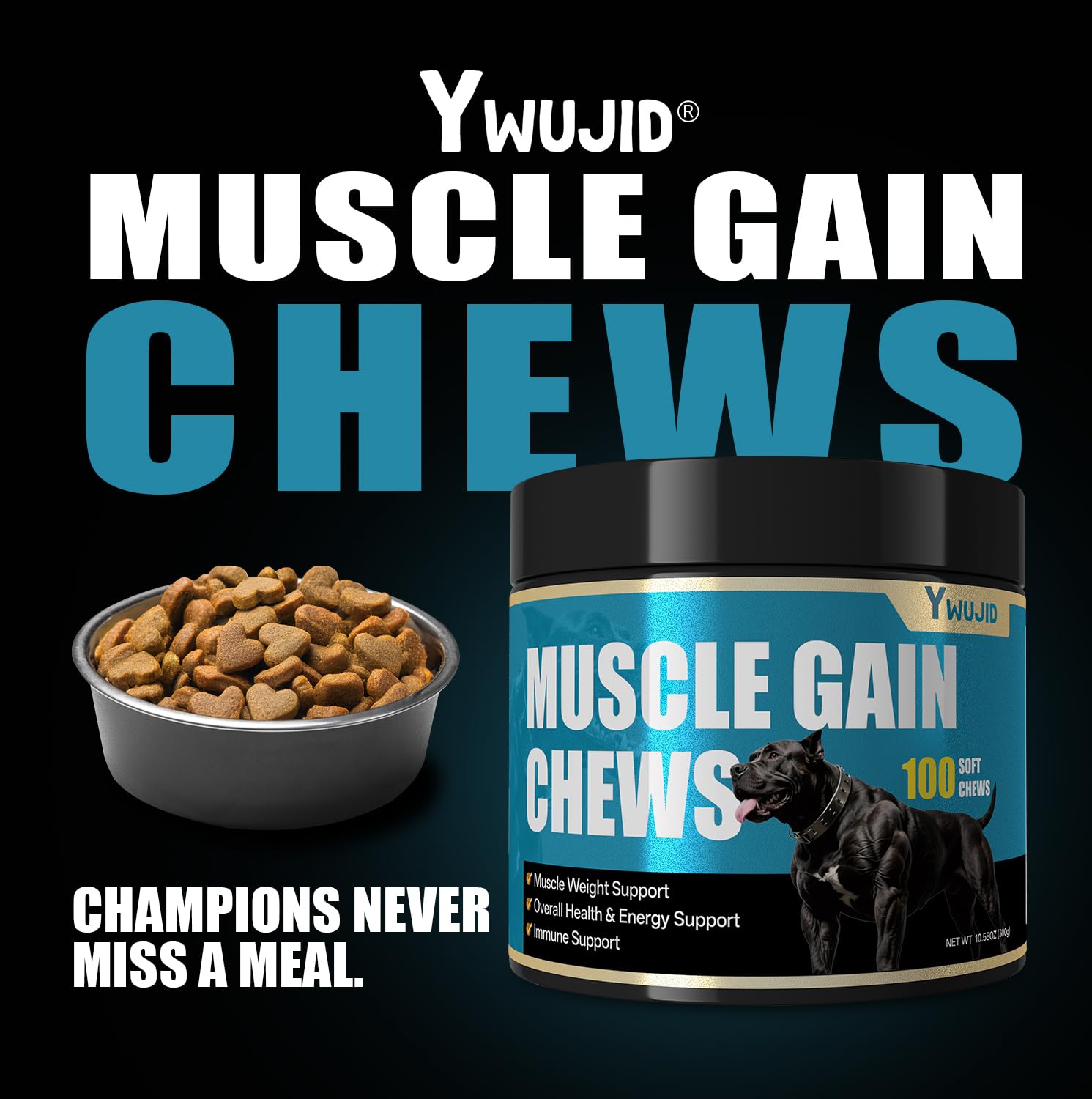 YWUJID dog muscle gain soft-chews serving shows convenient daily supplement