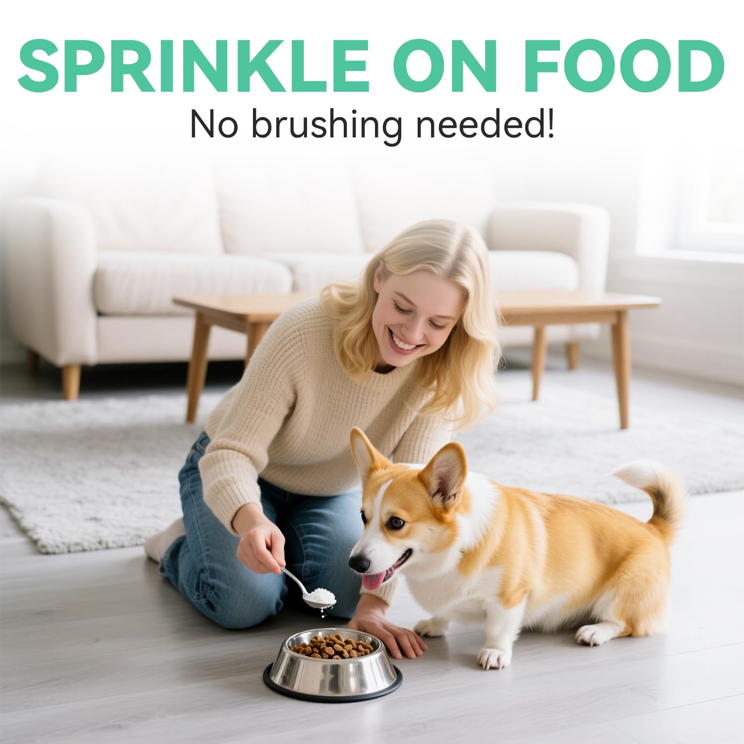 YWUJID powder being sprinkled on food for easy no-brush dental care.