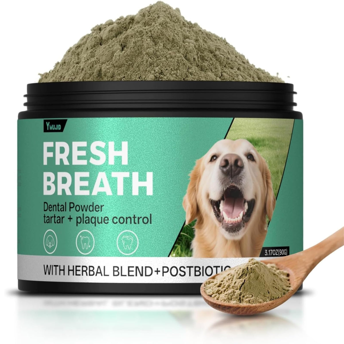YWUJID dog teeth cleaning powder bottle shows 90g serving for daily fresh breath support.