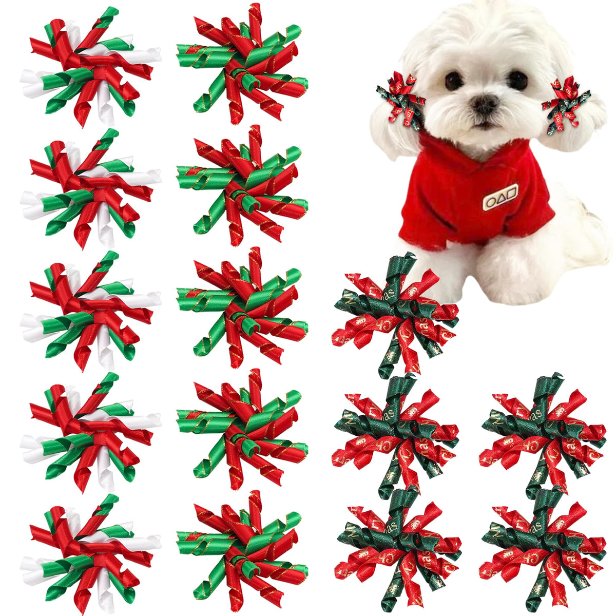 Yxiang Christmas dog bows 15pcs set in curly korker for festive styling.