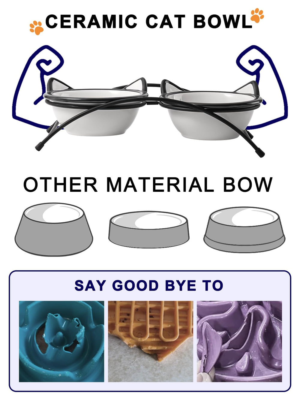 Y YHY ceramic cat bowls close-up demonstrating easy-to-clean, dishwasher-safe design