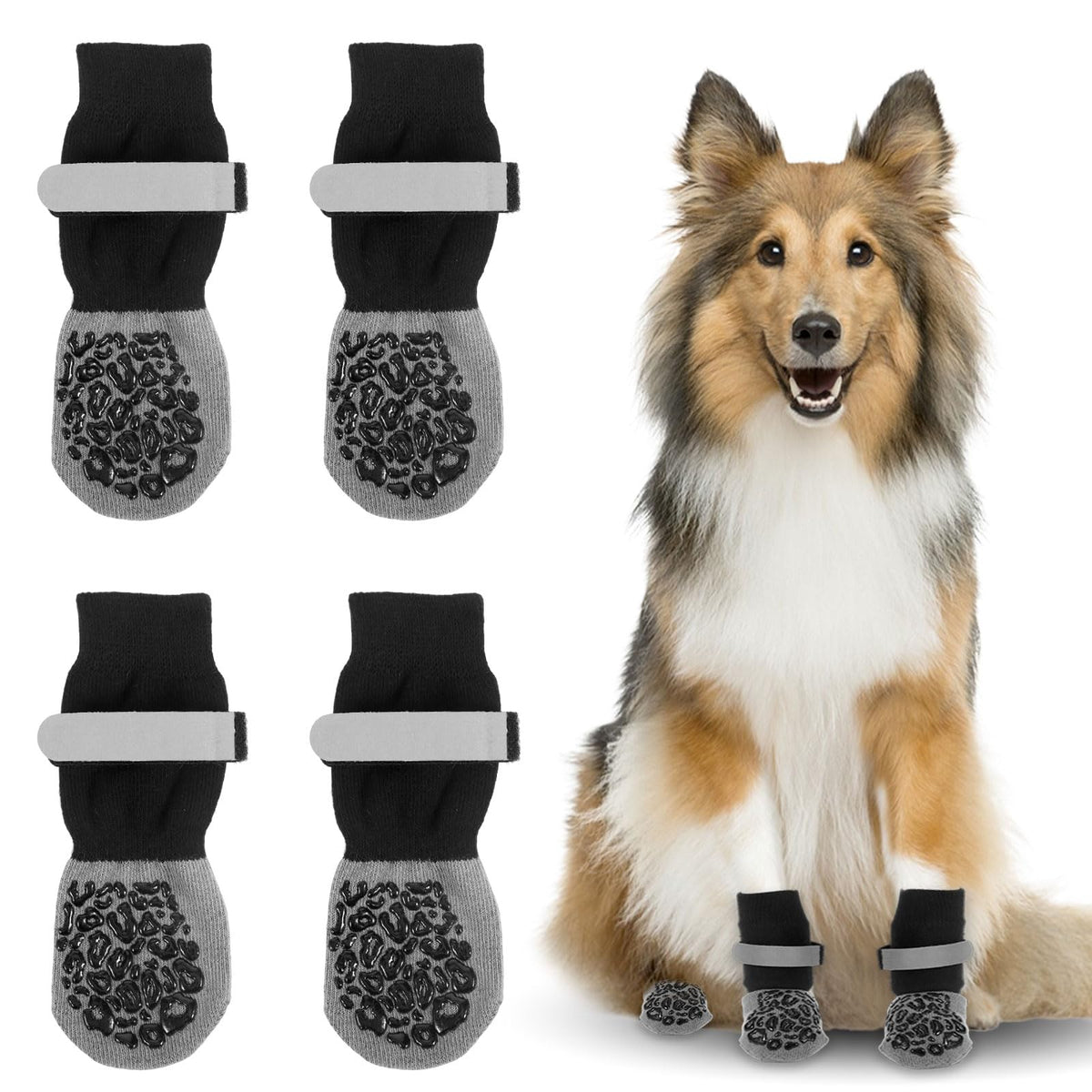 Yylaiire dog socks set of four gray package with secure cuff for secure fit.