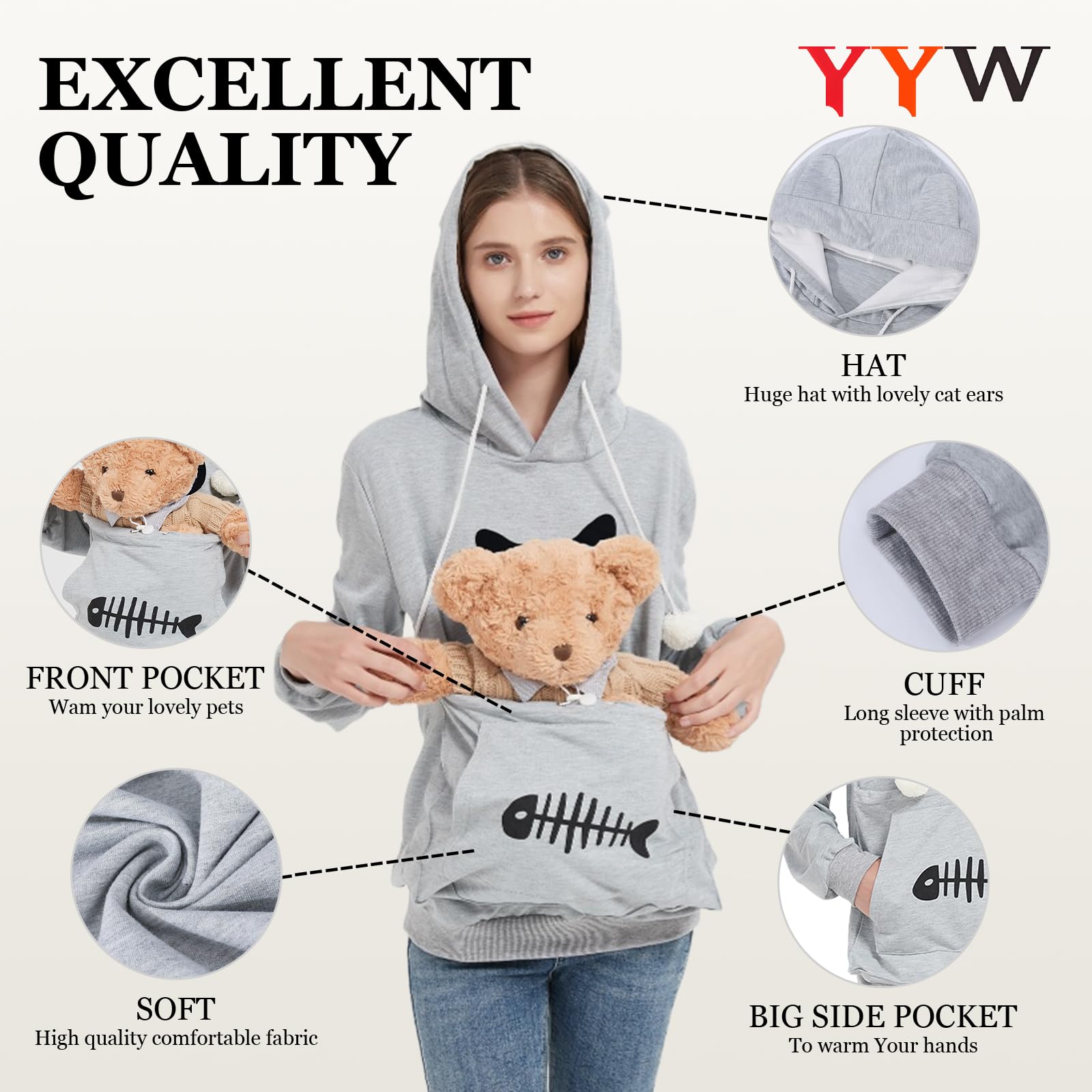 YYW Cat Pouch Hoodie fabric closeup reveals soft breathable material