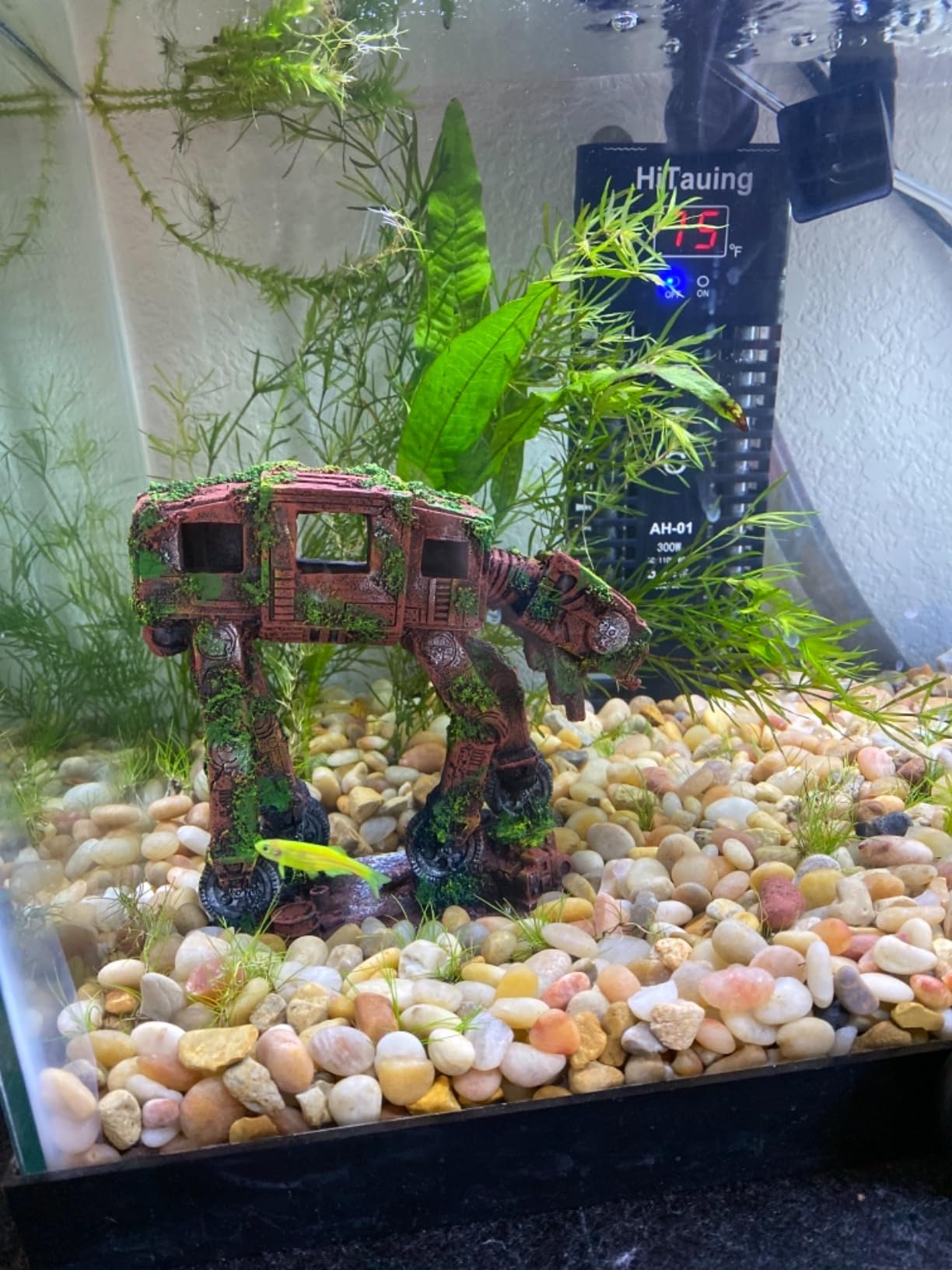 YZHZOM AT-AT Walker aquarium decor size 5.9x5.5x3.3 inches for 2-50 gallon setups.