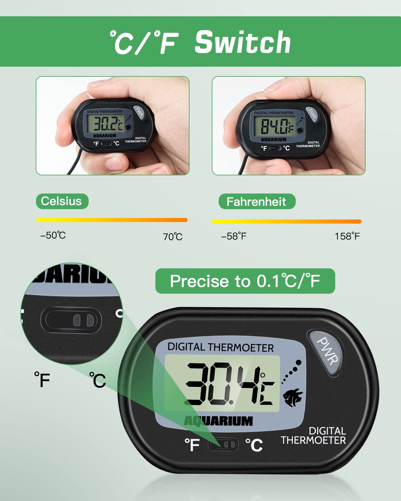 Zacro submerged-probe thermometer showing water-reading capability without submerging unit.