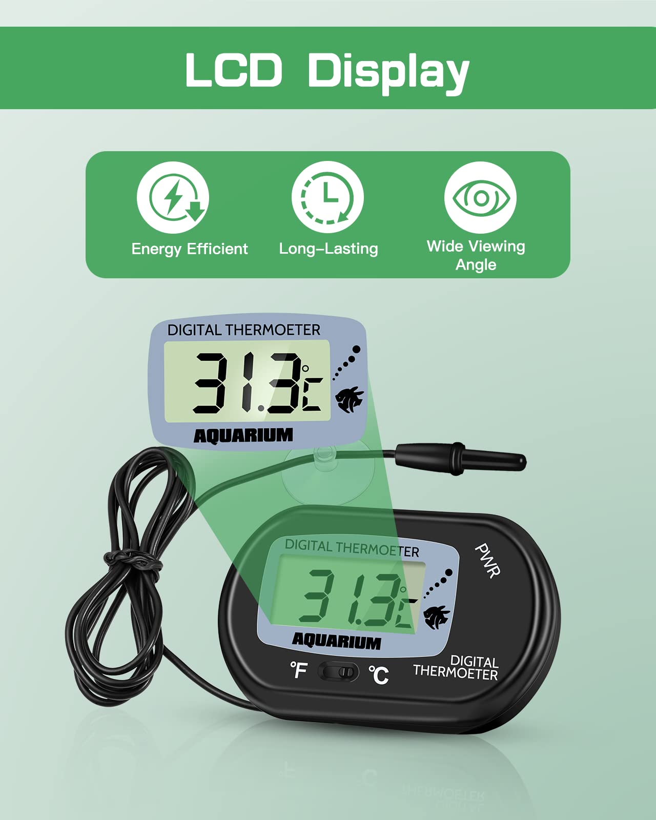 Zacro thermometer with suction cup attachment for easy secure mounting on tank glass.
