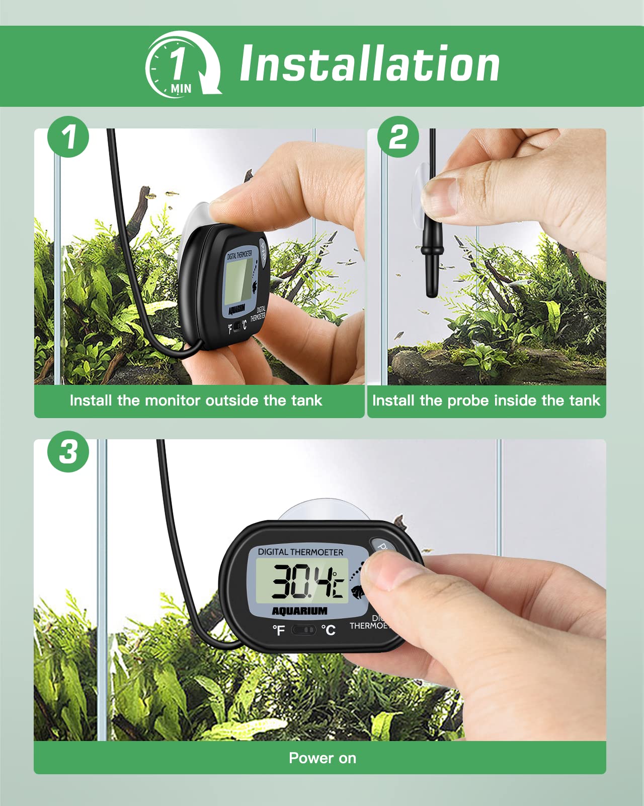 Zacro thermometer wide temperature range suitable for diverse aquatic and terrarium environments.