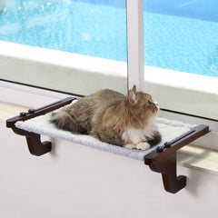 Zakkart Easy Seat Cat Perch on window sill with dark wood frame for sturdy lounging