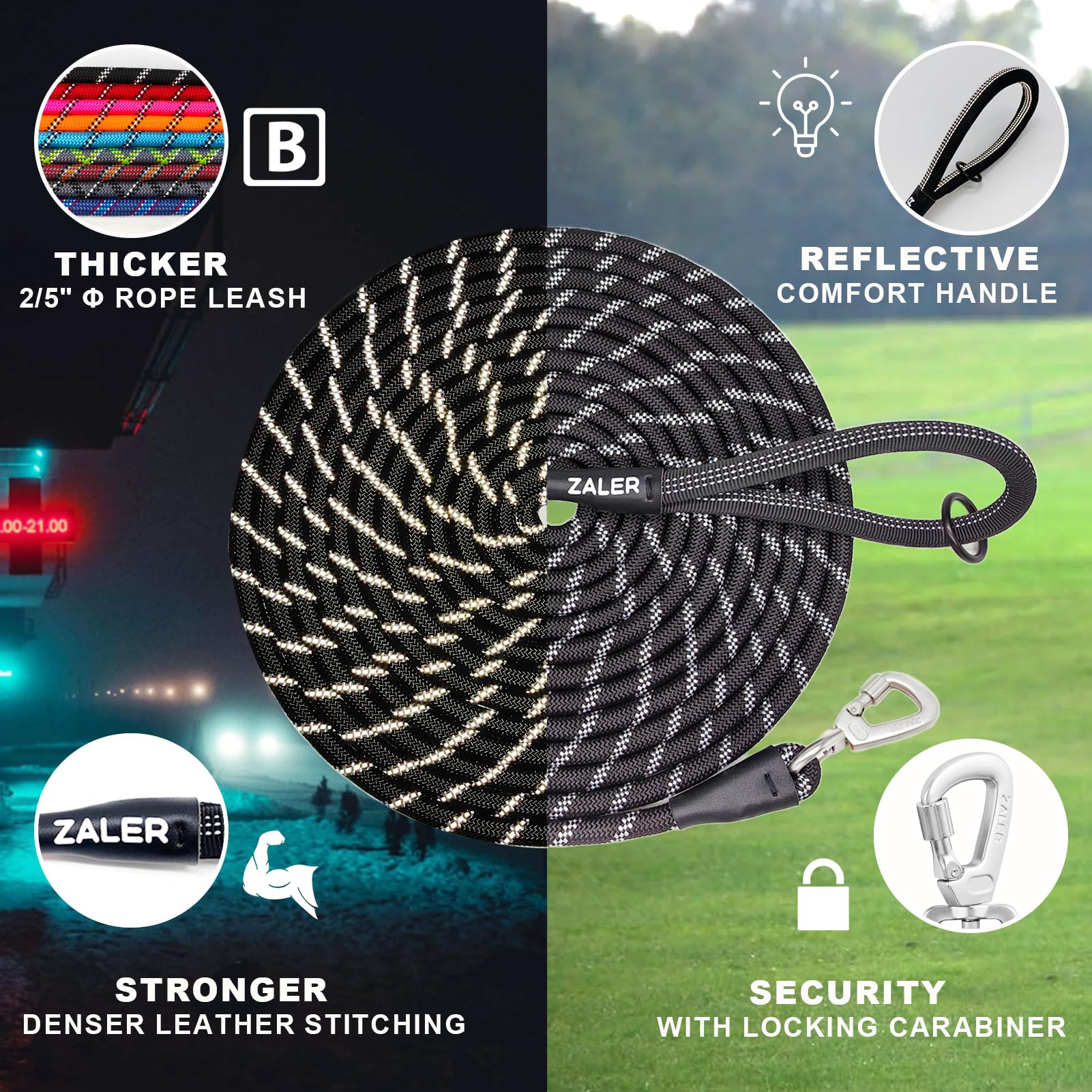 ZALER long dog leash 20ft strong nylon rope for controlled outdoor sessions