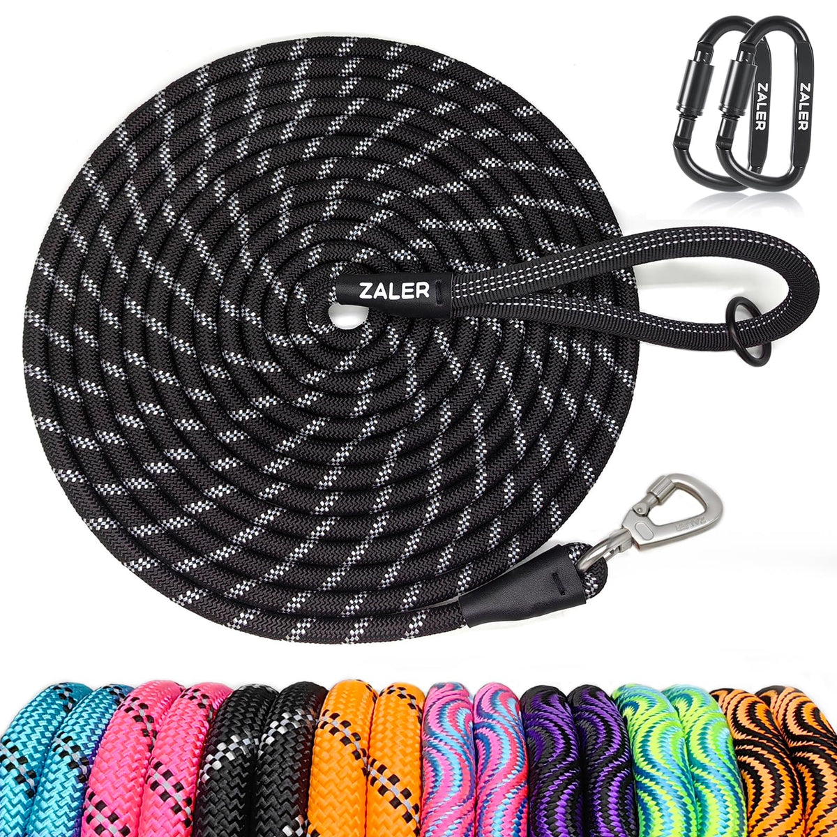 ZALER long dog leash 50ft overview illustrates versatile training and outdoor control.