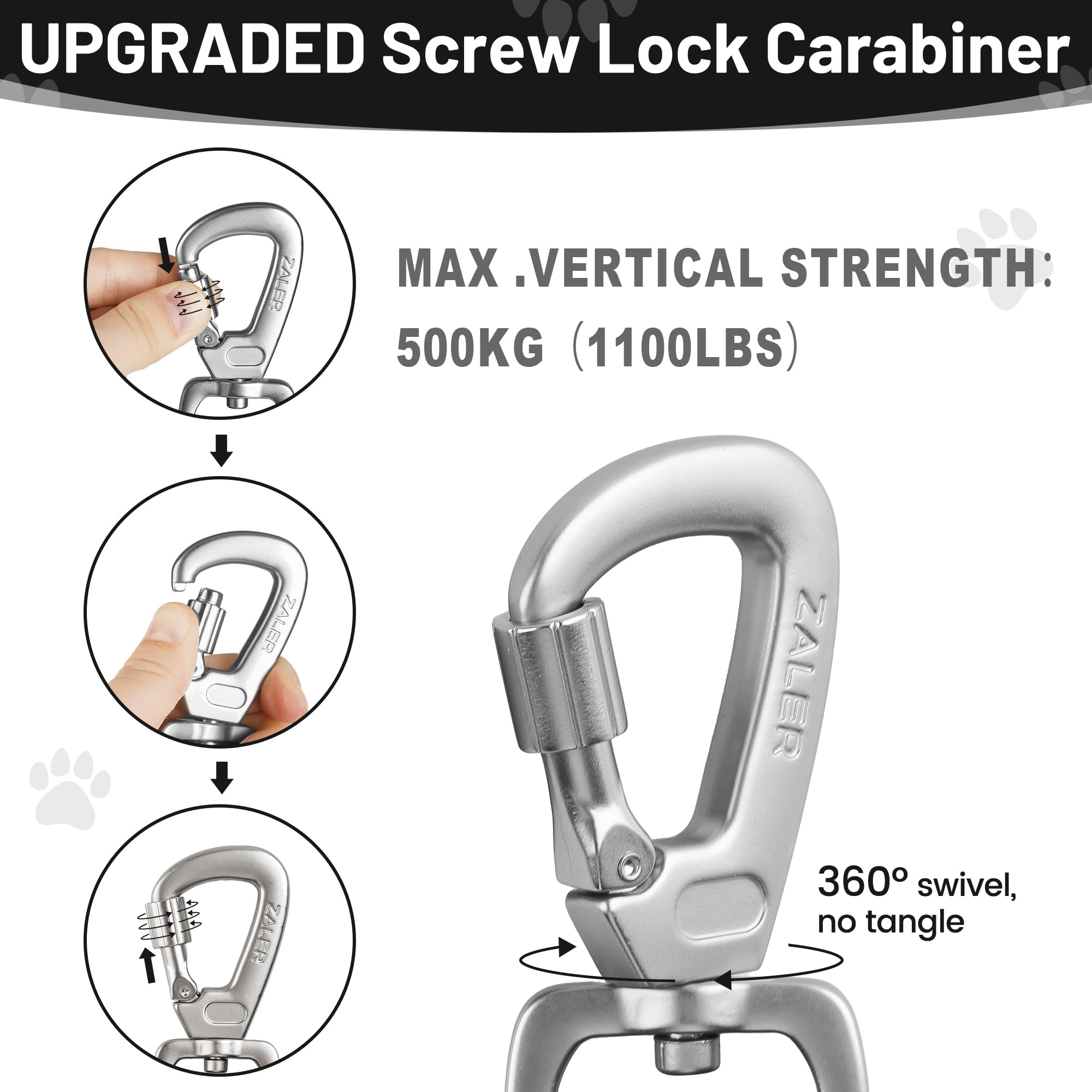 ZALER screw-lock carabiner detail for enhanced leash safety during walks