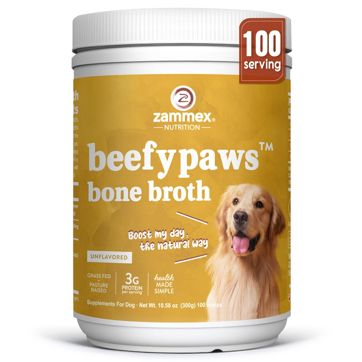 Zammex bone broth powder packaging suggests premium pet formula