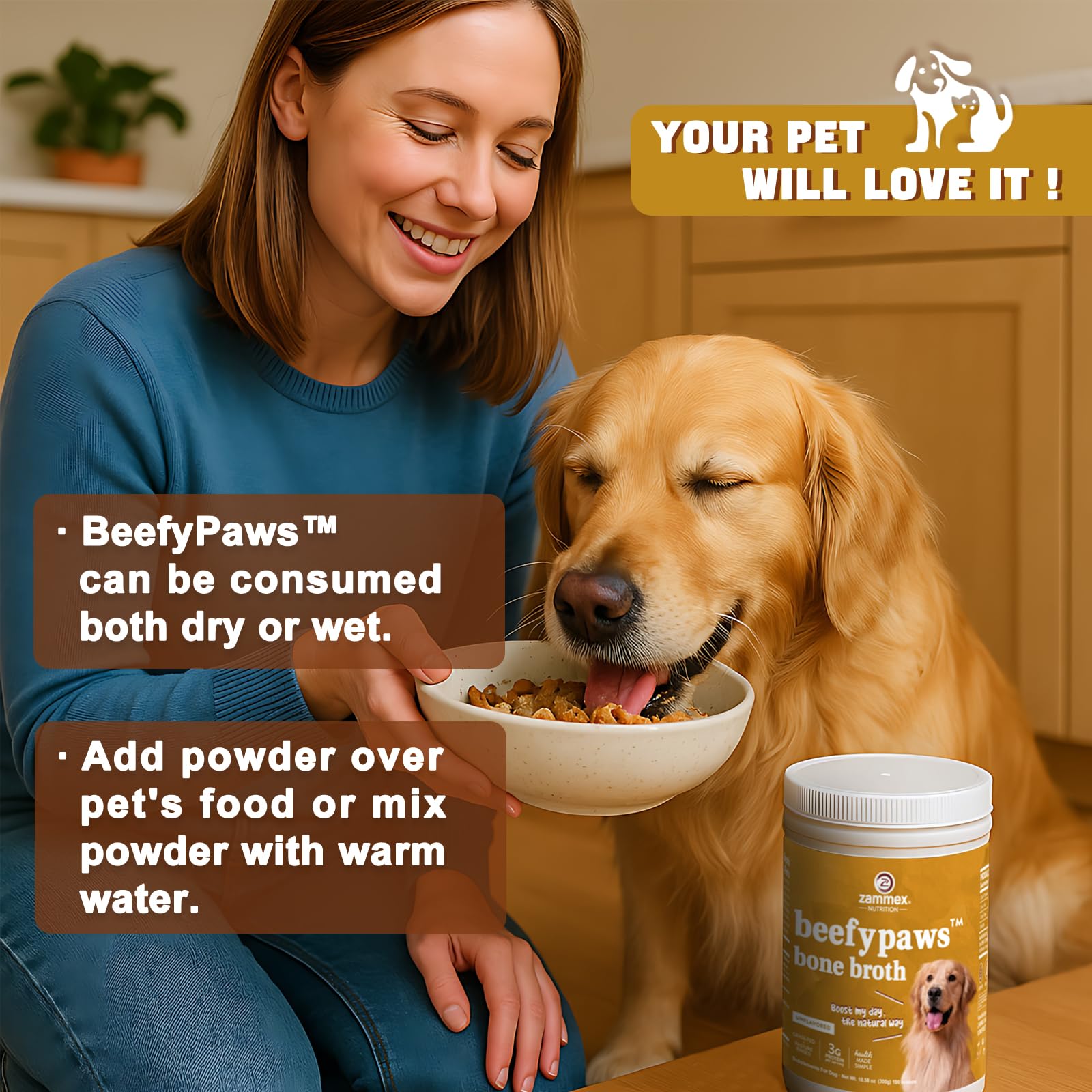 Zammex bone broth powder in warm water creating a liquid topper